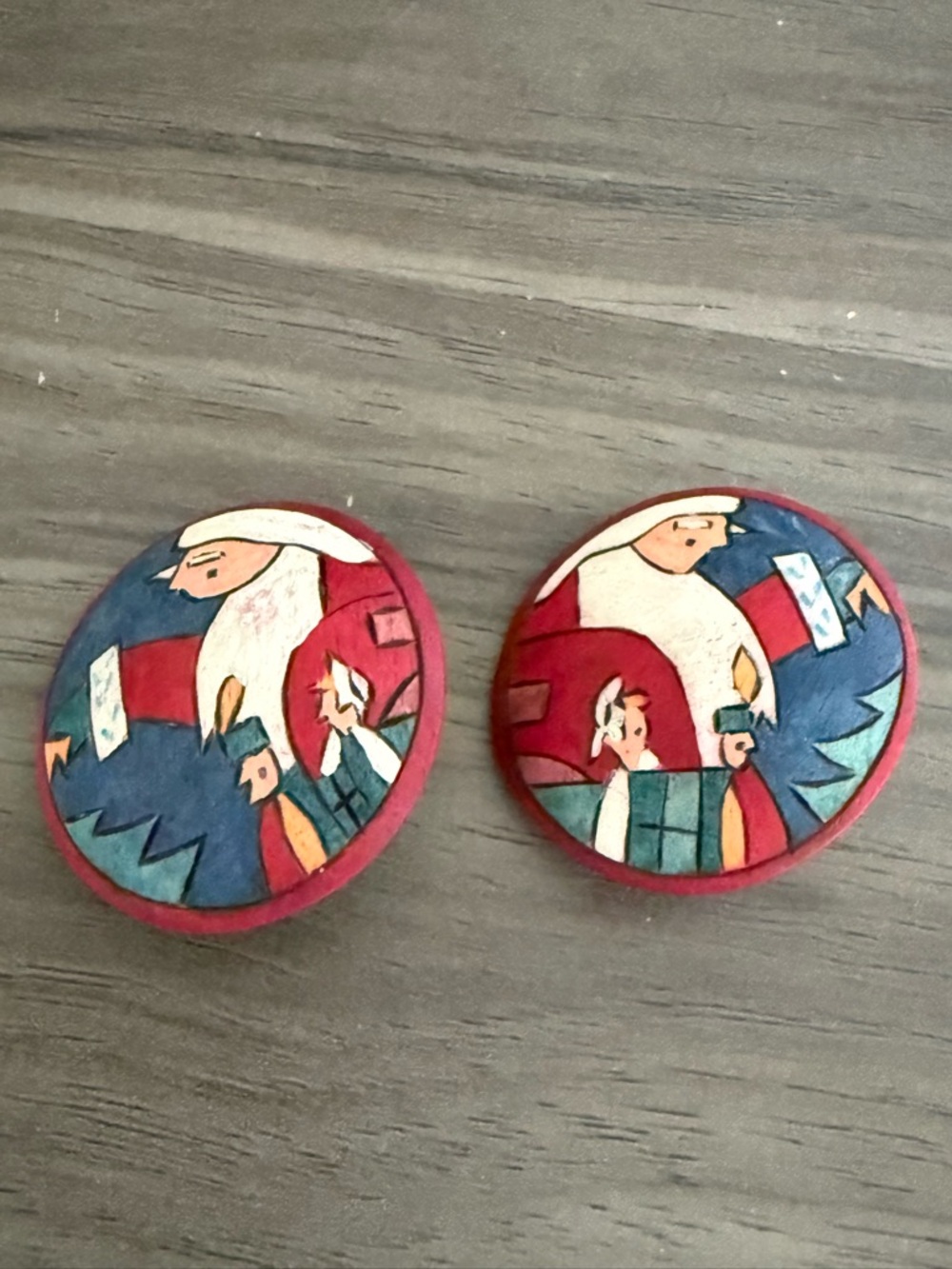 Vintage Santa Holiday Button Earrings - Red, Blue, White, and Green Handpainted